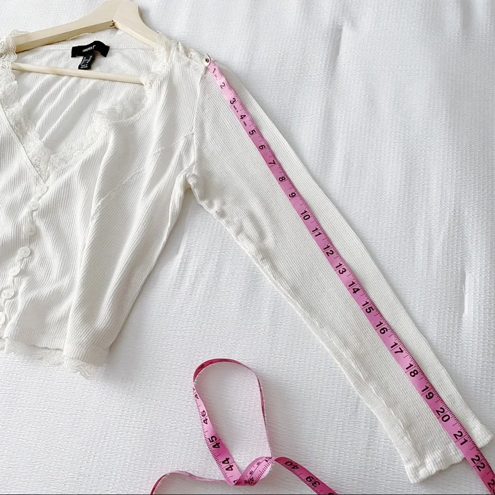 Off White Ribbed Lace Trimmed Cropped Top